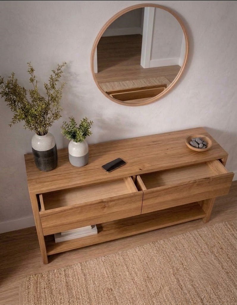 Modern Wooden Console Table with Two Drawers and Open Storage Shelf - Image 2