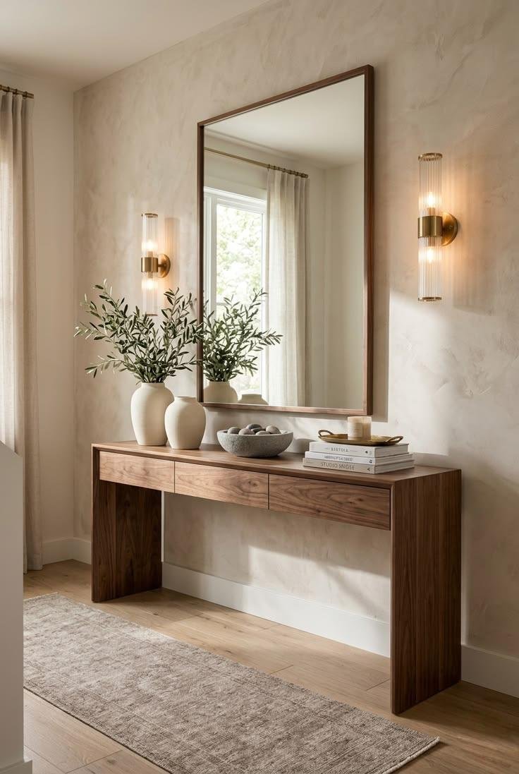 Modern Wooden Console Table with Three Drawers and Side Panel Supports - Image 2