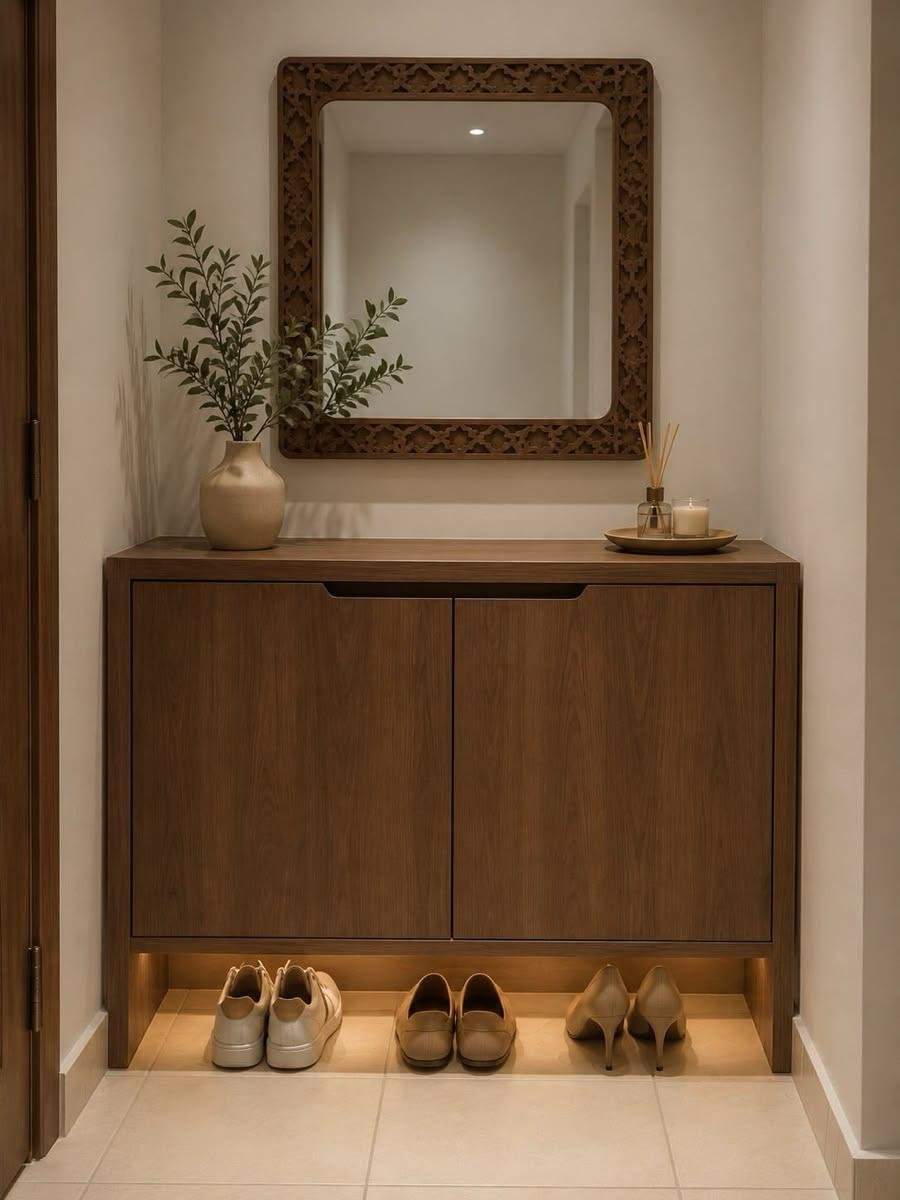 Modern Wooden Shoe Cabinet with Two Shutters and Open Shoe Shelf - Image 5