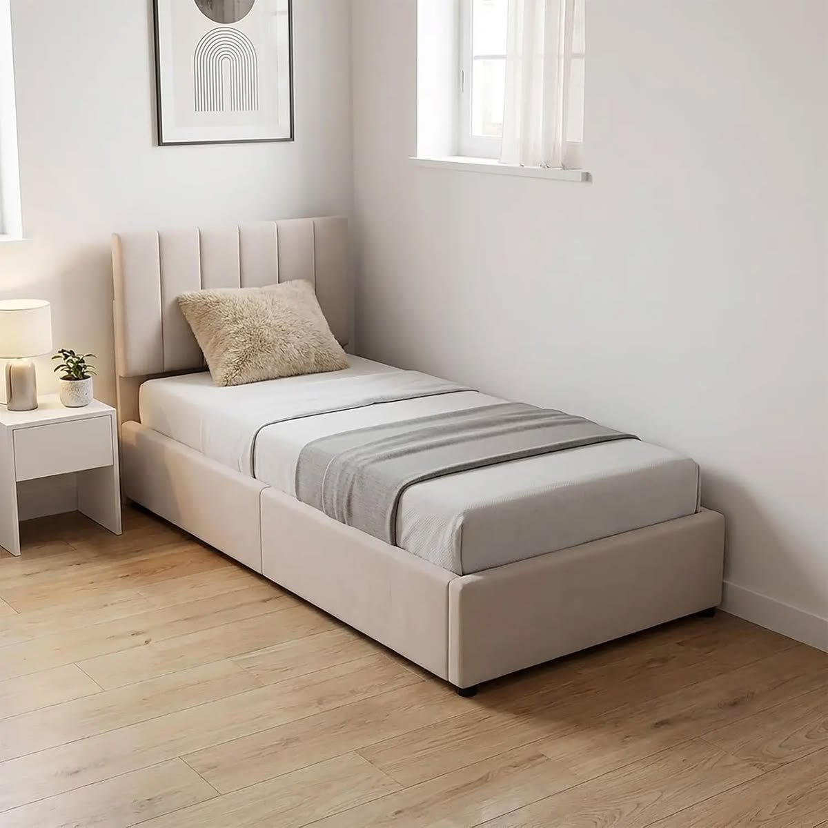 Modern Upholstered Single Platform Bed with Padded Headboard - Image 5