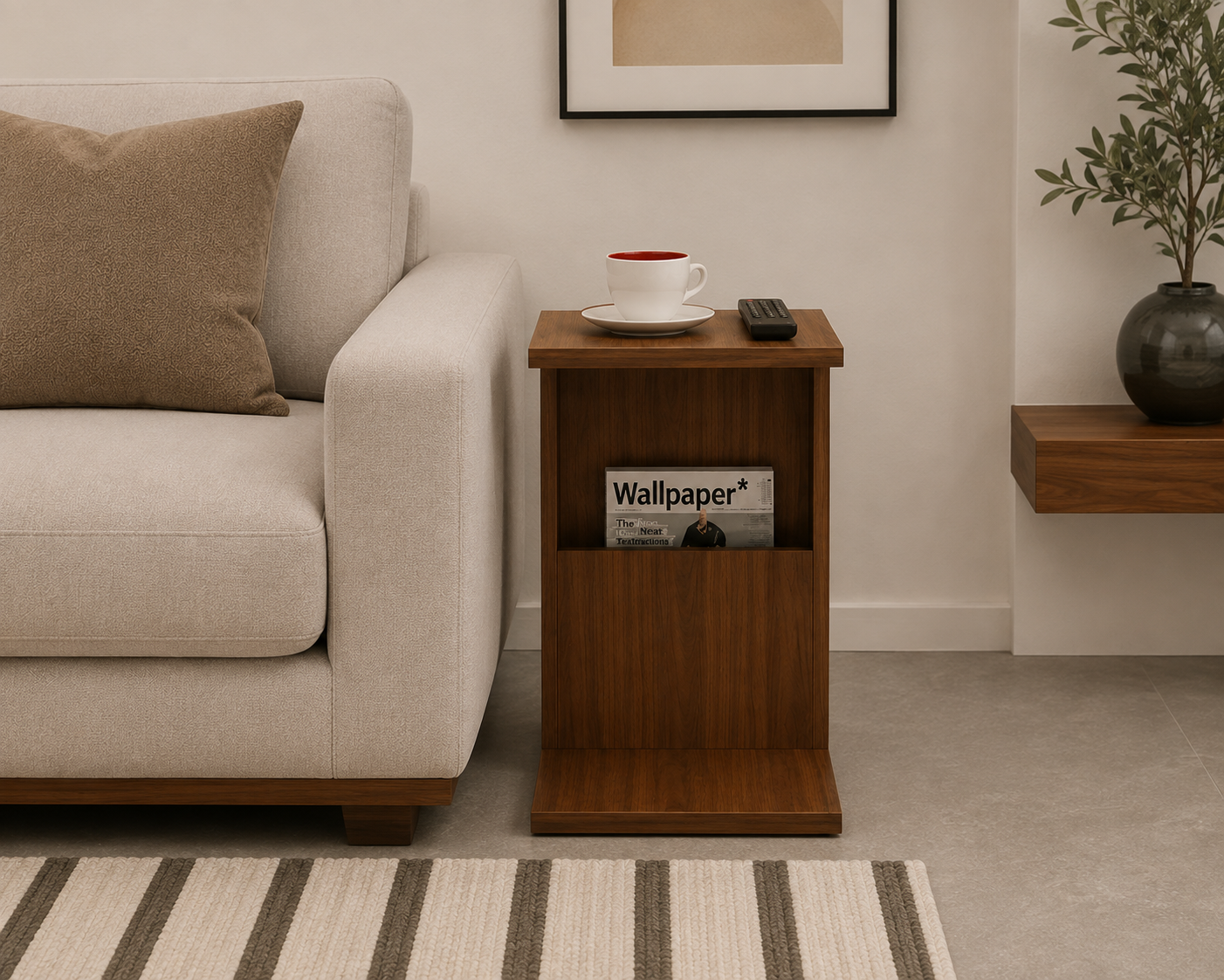 Modern C-Shaped Sofa Side Table with Magazine Storage