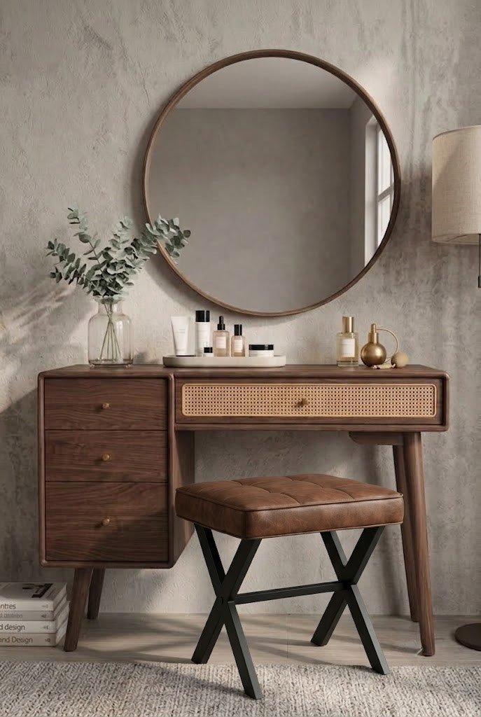 Modern 4-Drawer Dresser with Cane-Detail Drawer & Round Mirror