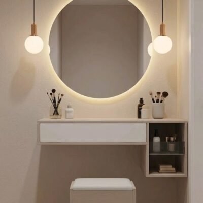 modern-dresser-with-round-mirror-drawer-open-shelves-stool