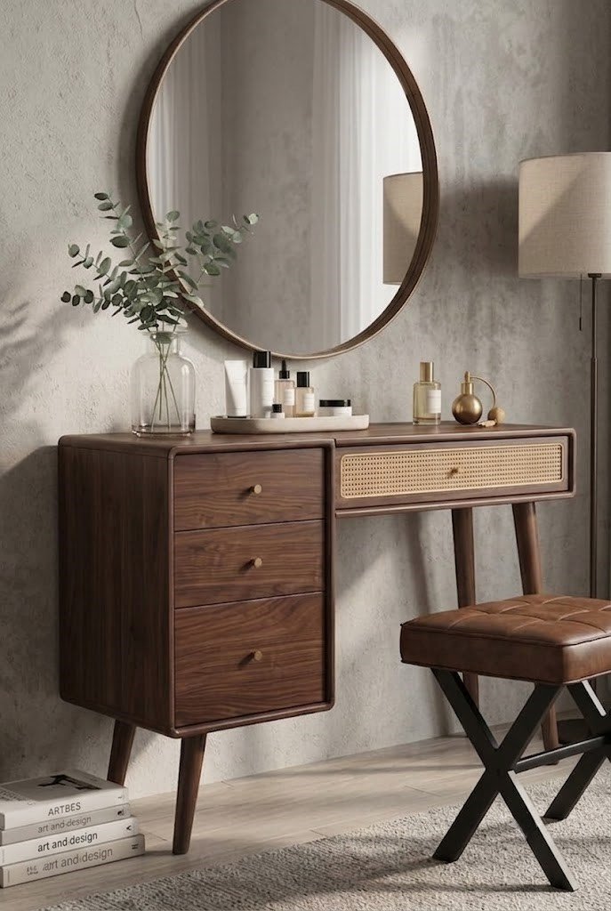 Modern 4-Drawer Dresser with Cane-Detail Drawer & Round Mirror - Image 4