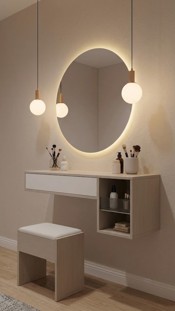 Modern Dresser with Round Mirror, Drawer, Open Shelves & Stool - Image 4