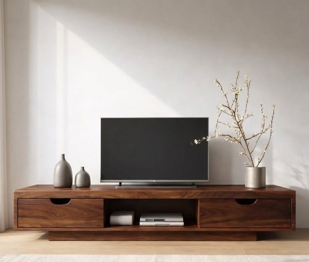 Modern Wooden TV Unit with Storage Drawers and Open Media Compartment - Image 2