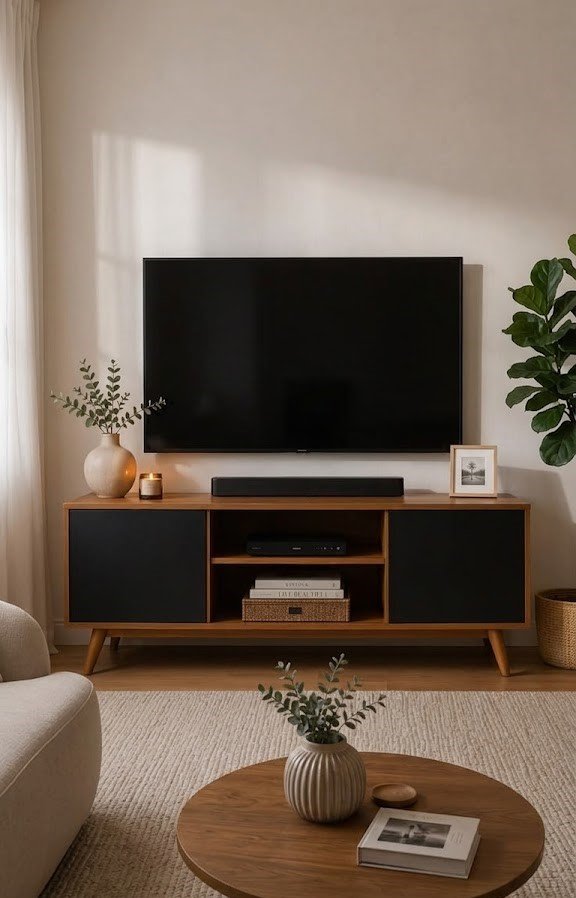 Modern Wooden TV Unit with Closed Storage and Open Display Compartment - Image 3