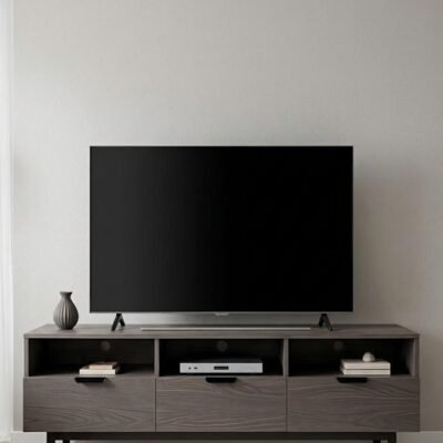 Modern Wooden TV Unit with Open Display Shelves and Storage Drawers