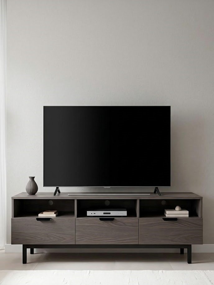 Modern Wooden TV Unit with Open Display Shelves and Storage Drawers