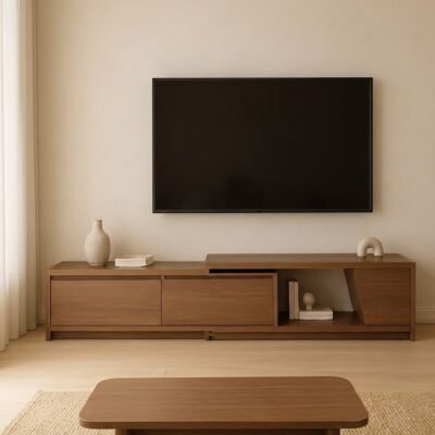 Modern Wooden TV Unit with Storage Drawers and Open Display Shelves