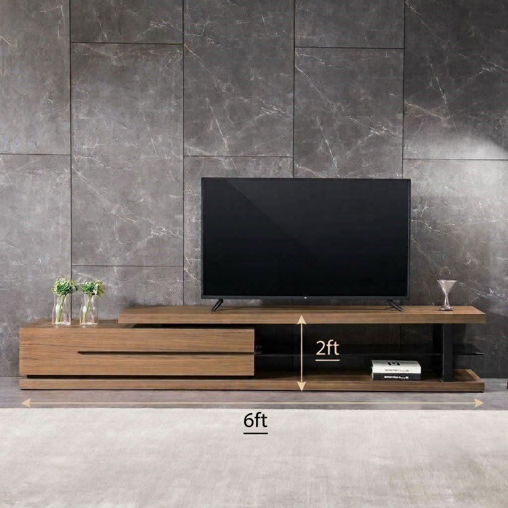 Modern Wooden TV Unit with Floating Top, Storage Drawers and Open Display Shelf - Image 2