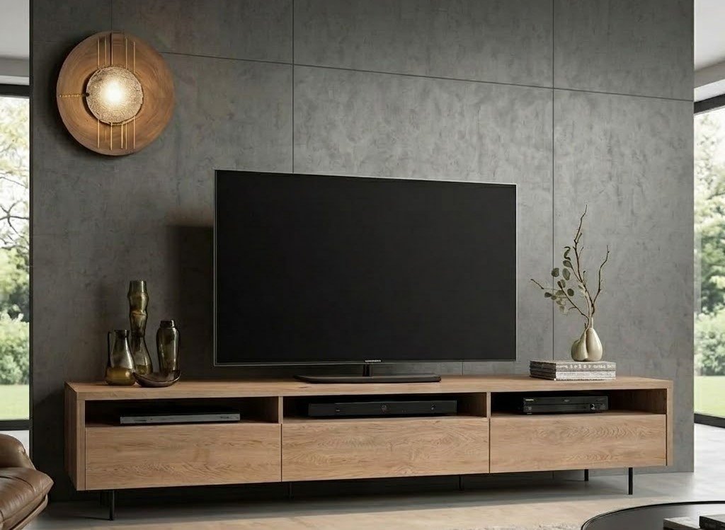 Modern Wooden TV Unit with Open Media Shelves and Three Storage Drawers - Image 2