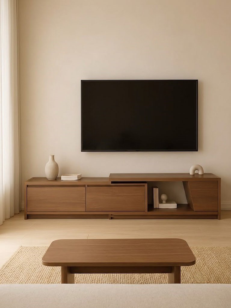 Modern Wooden TV Unit with Storage Drawers and Open Display Shelves