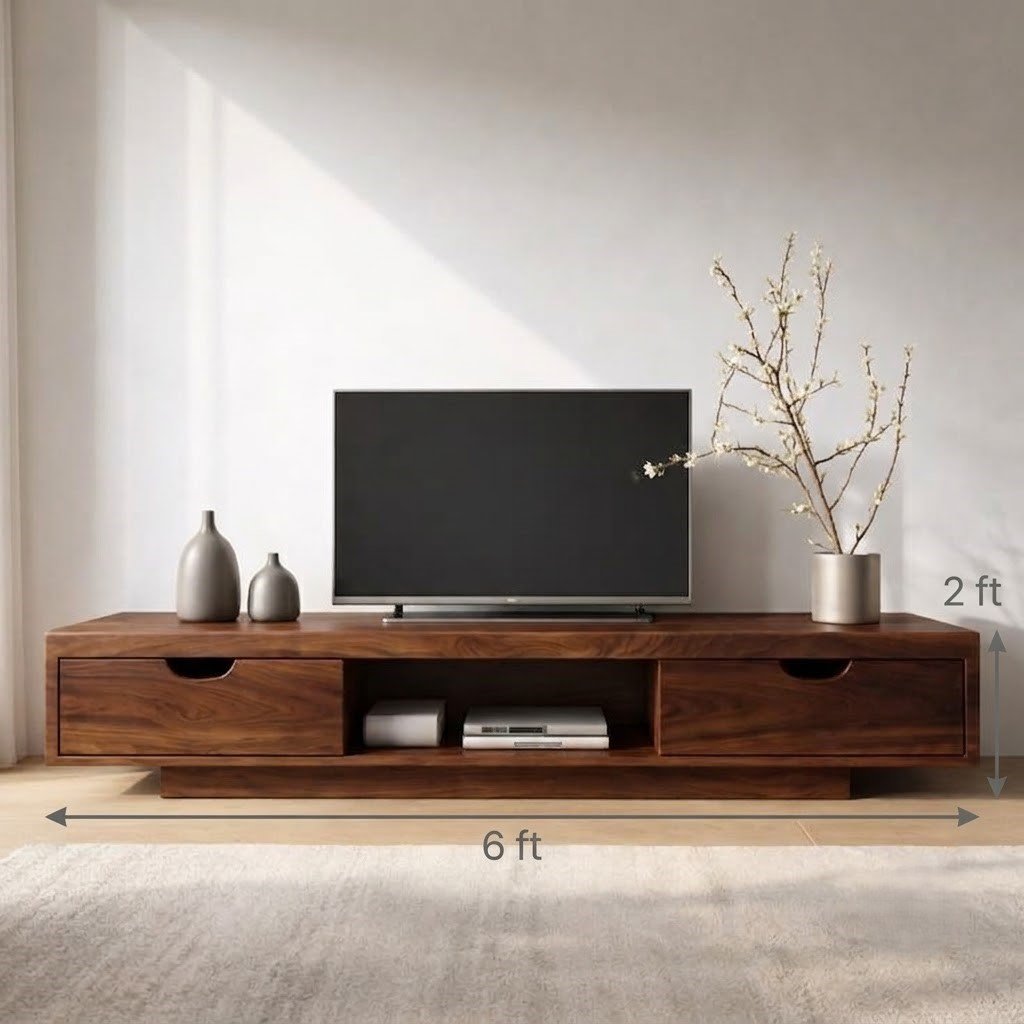 Modern Wooden TV Unit with Storage Drawers and Open Media Compartment