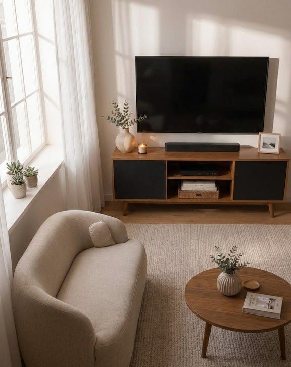 Modern Wooden TV Unit with Closed Storage and Open Display Compartment - Image 4
