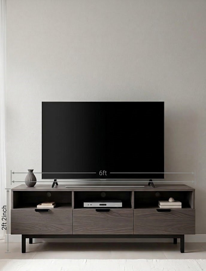 Modern Wooden TV Unit with Open Display Shelves and Storage Drawers - Image 2