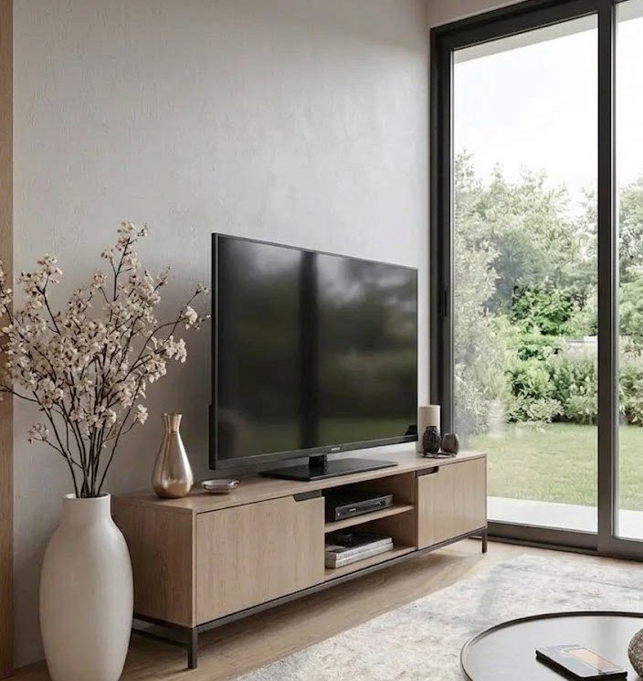Modern Wooden TV Unit with Closed Storage and Open Media Shelves - Image 3