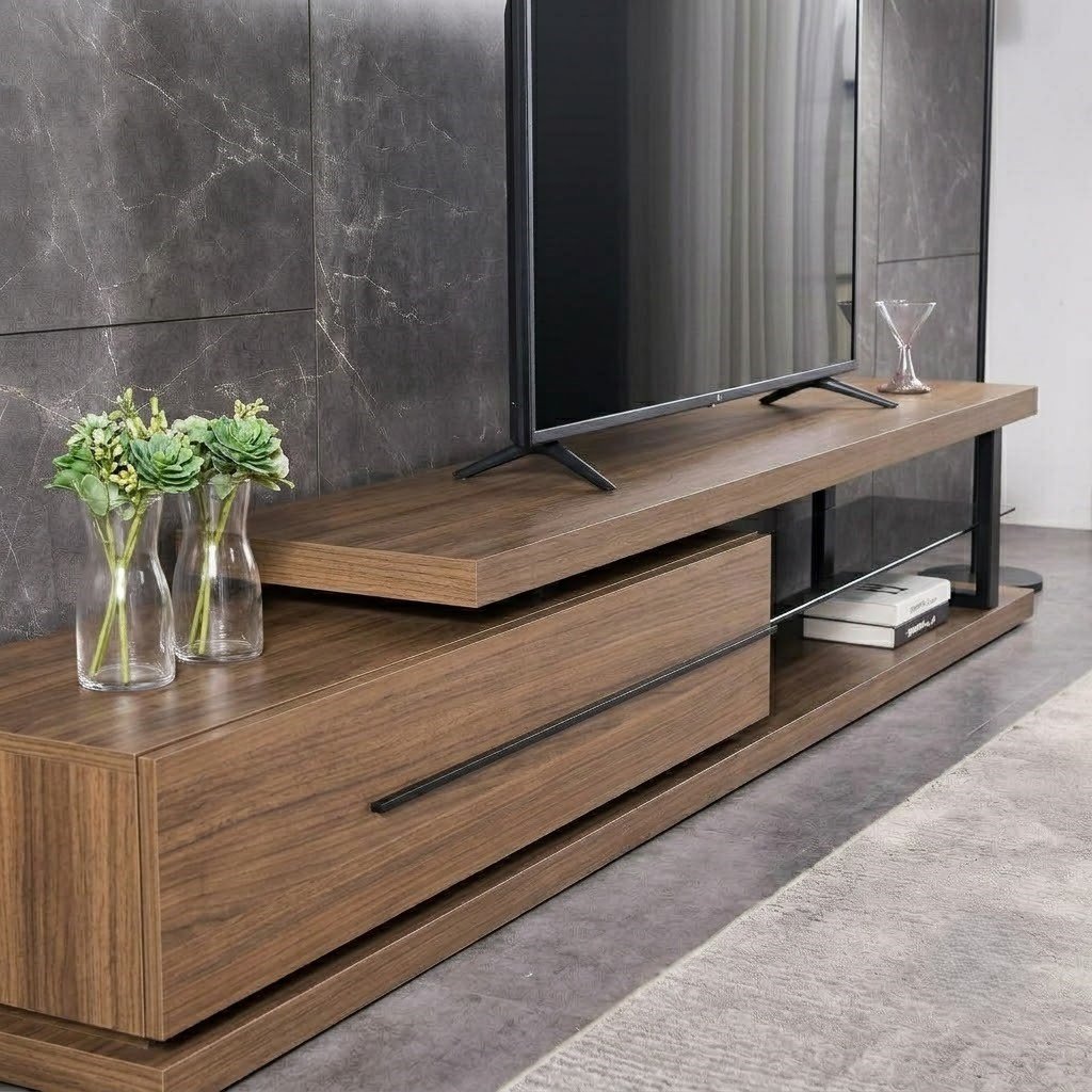 Modern Wooden TV Unit with Floating Top, Storage Drawers and Open Display Shelf - Image 3