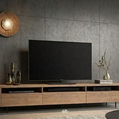 Modern Wooden TV Unit with Open Media Shelves and Three Storage Drawers