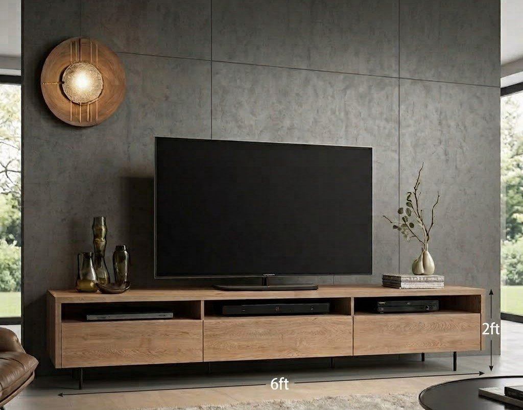 Modern Wooden TV Unit with Open Media Shelves and Three Storage Drawers
