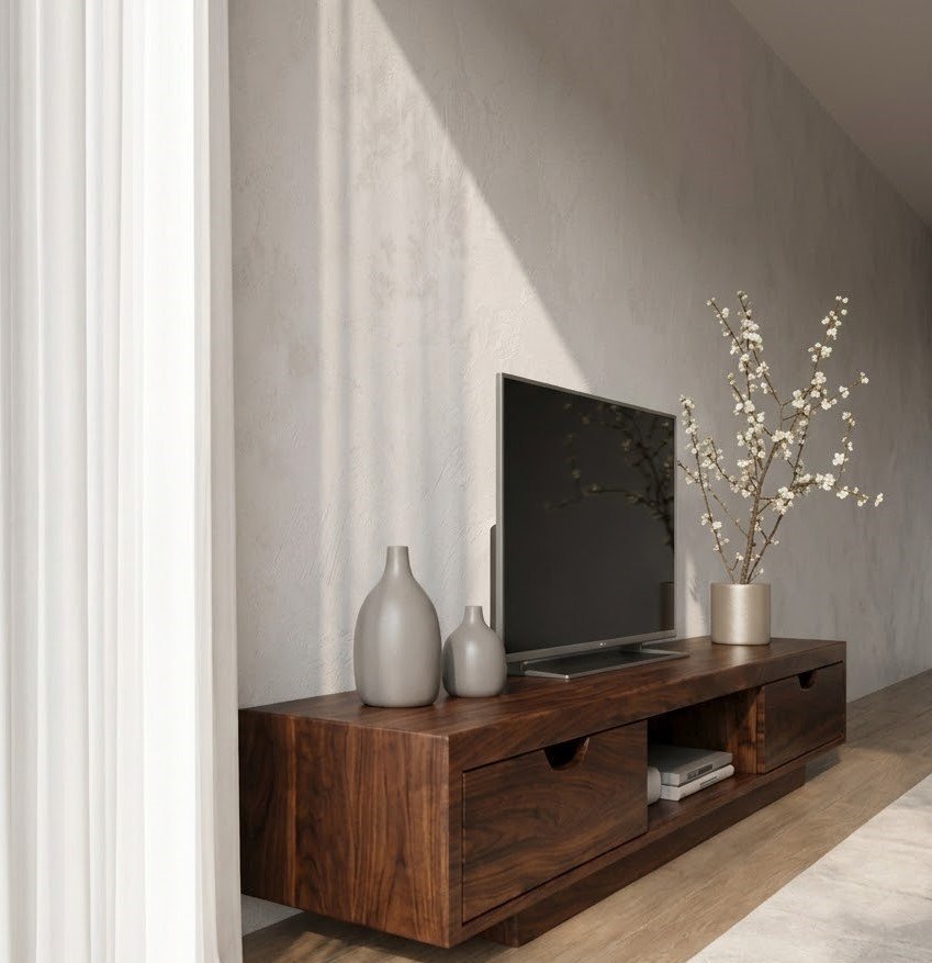 Modern Wooden TV Unit with Storage Drawers and Open Media Compartment - Image 3