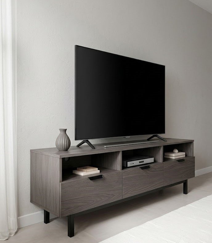 Modern Wooden TV Unit with Open Display Shelves and Storage Drawers - Image 3