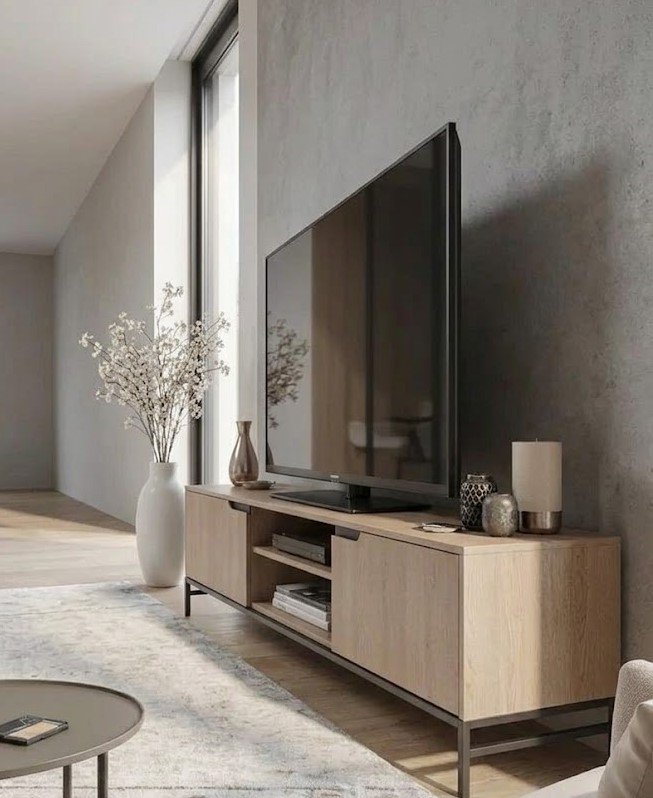 Modern Wooden TV Unit with Closed Storage and Open Media Shelves - Image 4