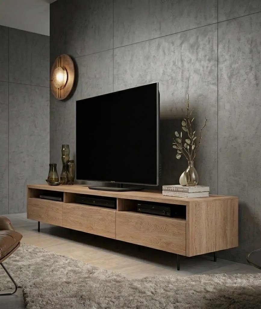 Modern Wooden TV Unit with Open Media Shelves and Three Storage Drawers - Image 3