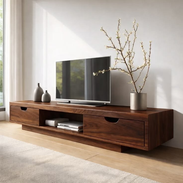 Modern Wooden TV Unit with Storage Drawers and Open Media Compartment - Image 4