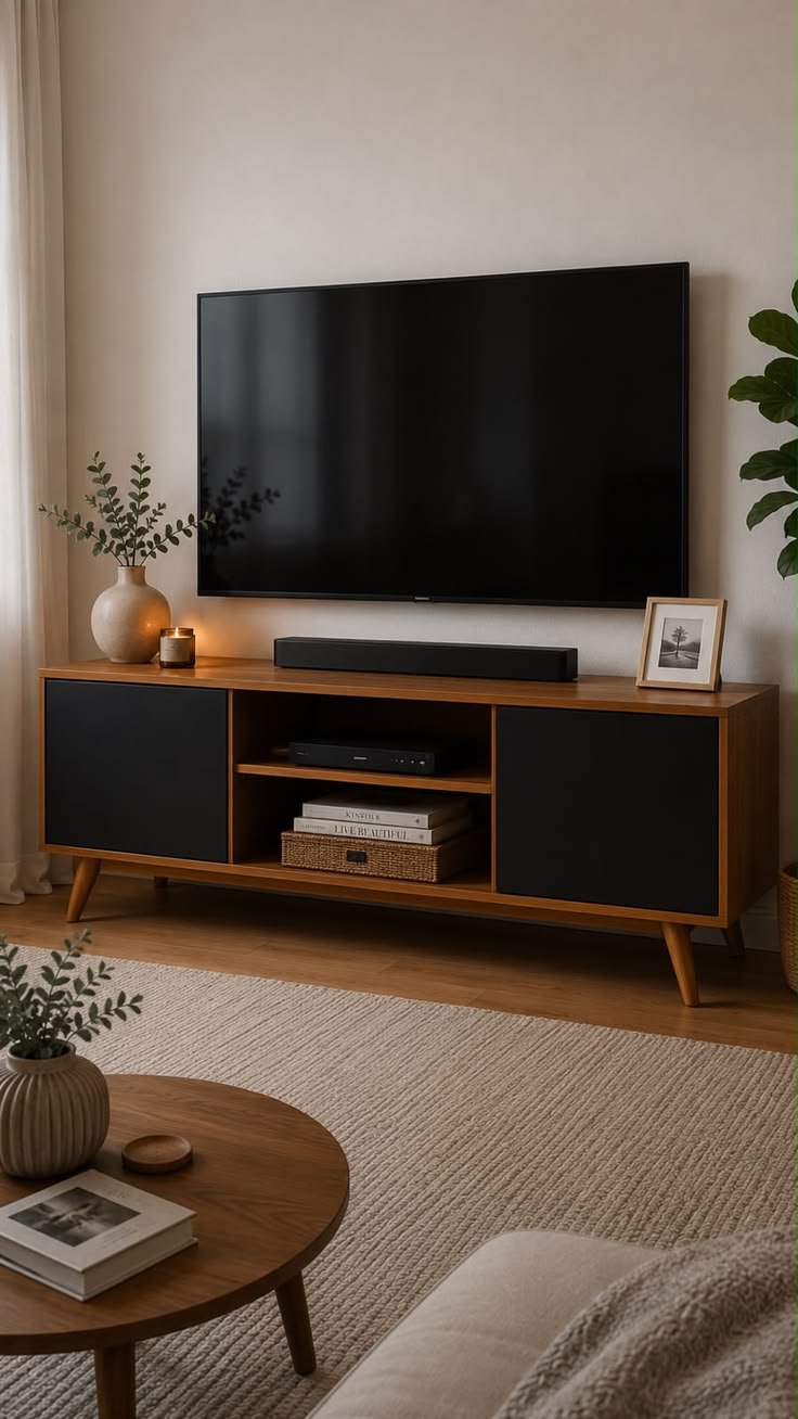 Modern Wooden TV Unit with Closed Storage and Open Display Compartment - Image 2
