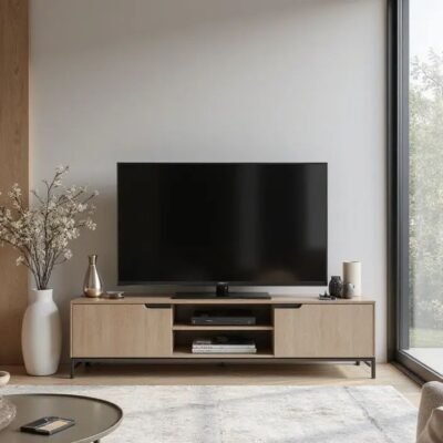 Modern Wooden TV Unit with Closed Storage and Open Media Shelves