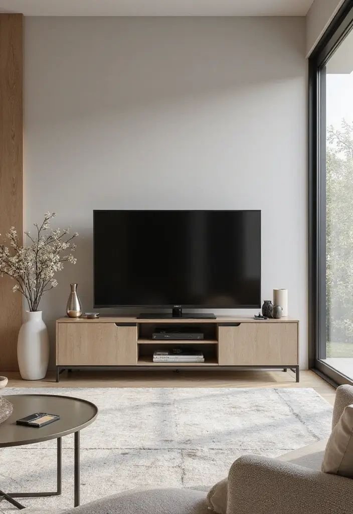 Modern Wooden TV Unit with Closed Storage and Open Media Shelves