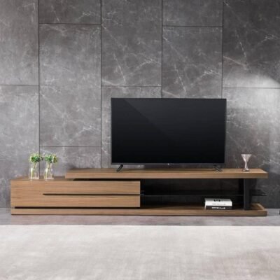Modern Wooden TV Unit with Floating Top, Storage Drawers and Open Display Shelf