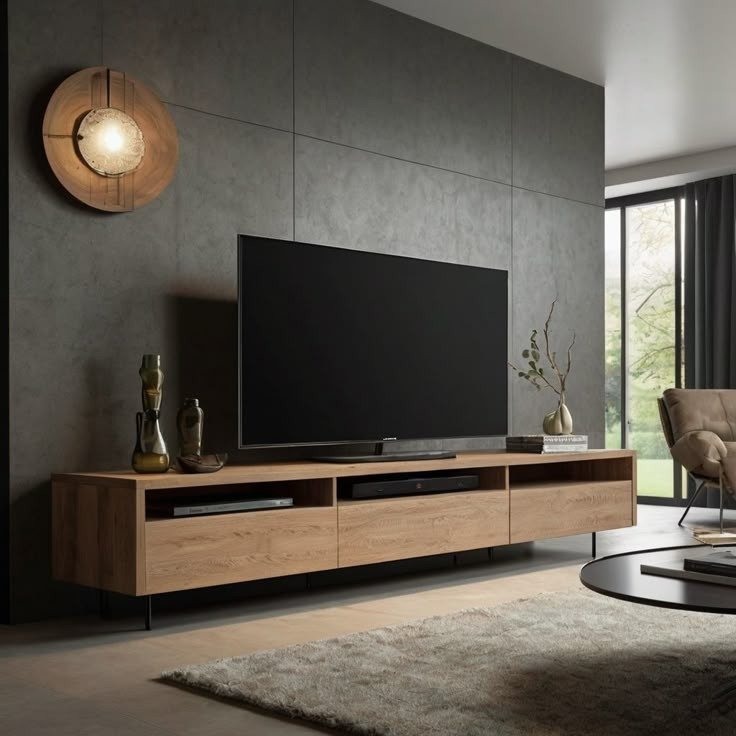 Modern Wooden TV Unit with Open Media Shelves and Three Storage Drawers - Image 4