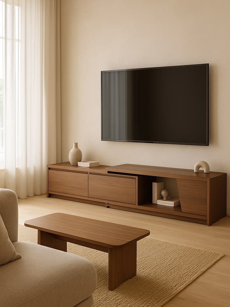 Modern Wooden TV Unit with Storage Drawers and Open Display Shelves - Image 4